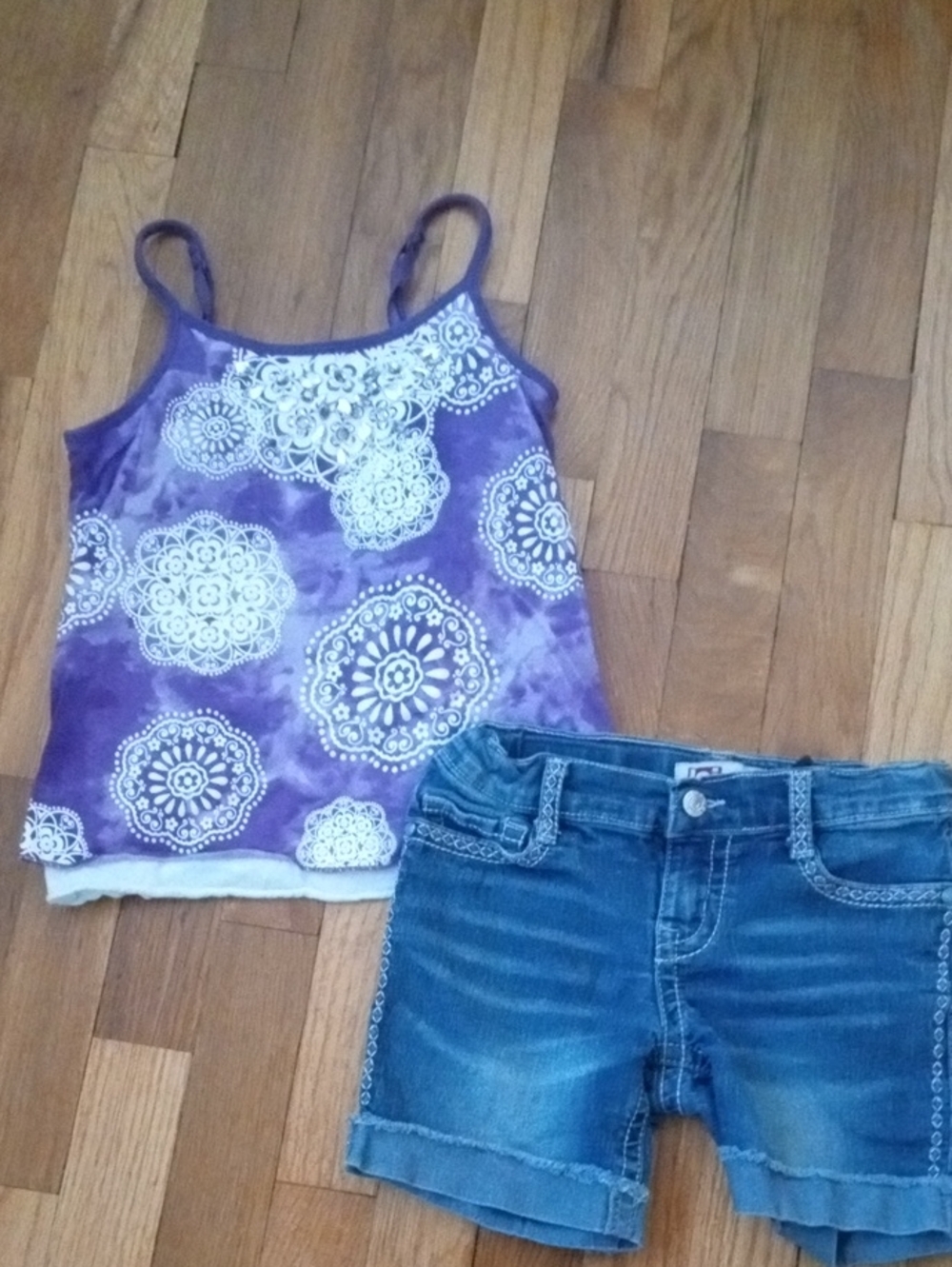 girl 7 denim shorts and purple white tank with jeweled accent